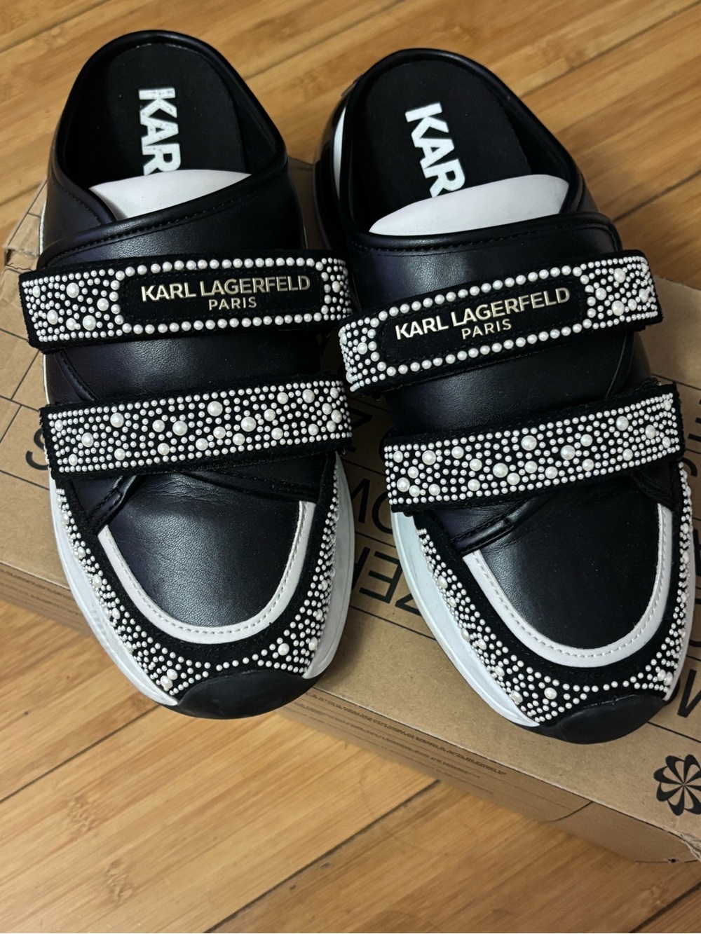 Karl Lagerfeld Black Leather Sneakers with White Pearl Studs
